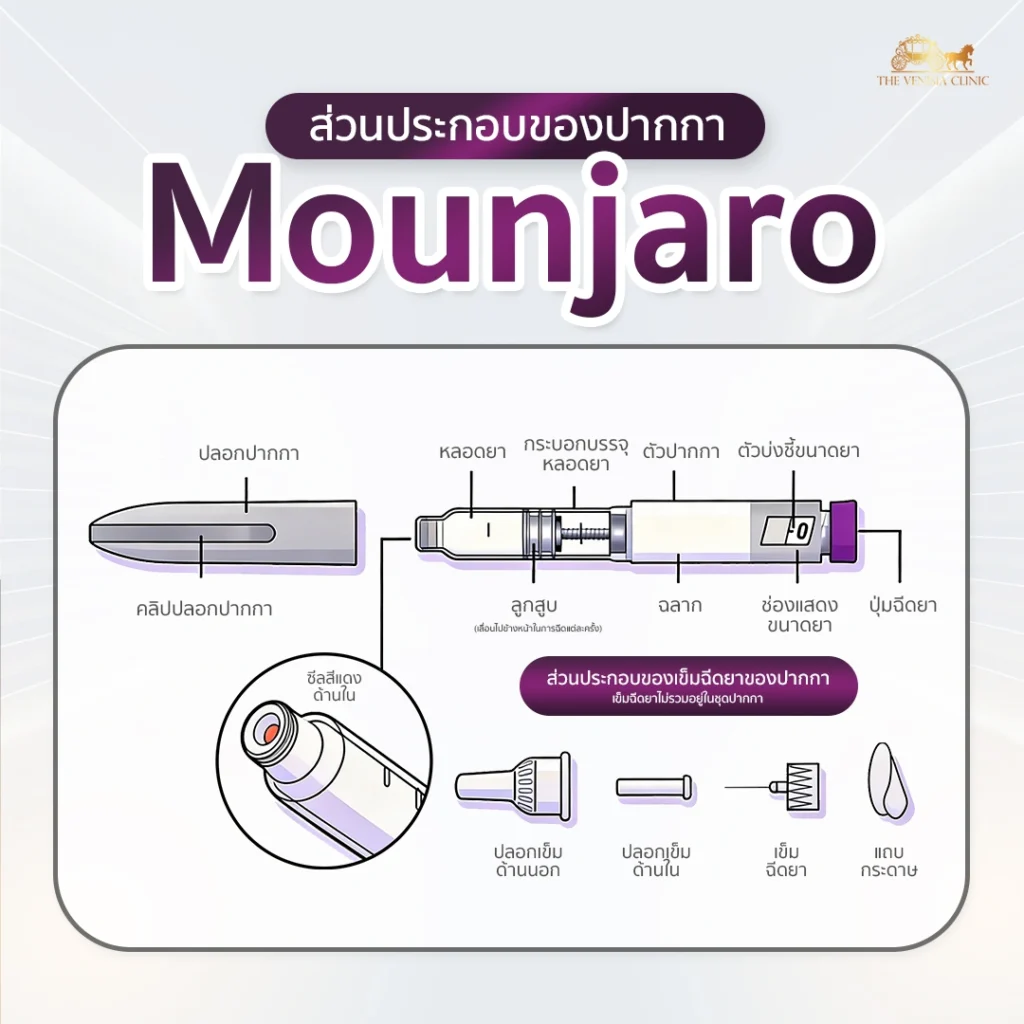 กราฟิกแสดงส่วนประกอบของปากกาและ วิธีใช้ Mounjaro ทีละขั้นตอนสำหรับมือใหม่